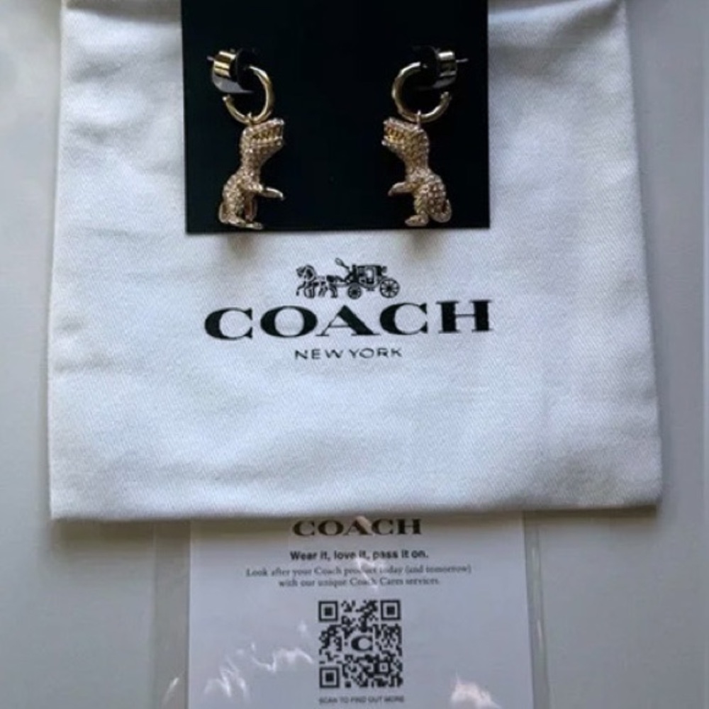 Coach 𝐍𝐖𝐓 Signature Pavé Rexy T-Rex Charm Huggie Earrings NEW - Picture 3 of 10